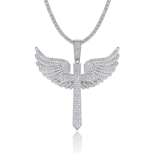Angel Wings Moissanite Necklace Pendant - S925 Sterling Silver Platinum Plated