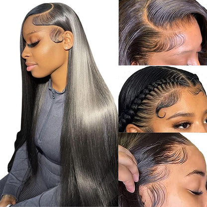13x4 Straight Lace Front Human Hair Wig - Hand-Woven with Center Part Bangs