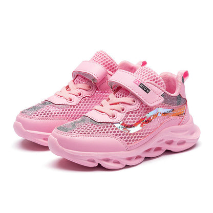 Girls' Three-Layer Mesh Sneakers | Velcro | Breathable EVA Sole | Sizes 26–37 | Pink & Orange Pink