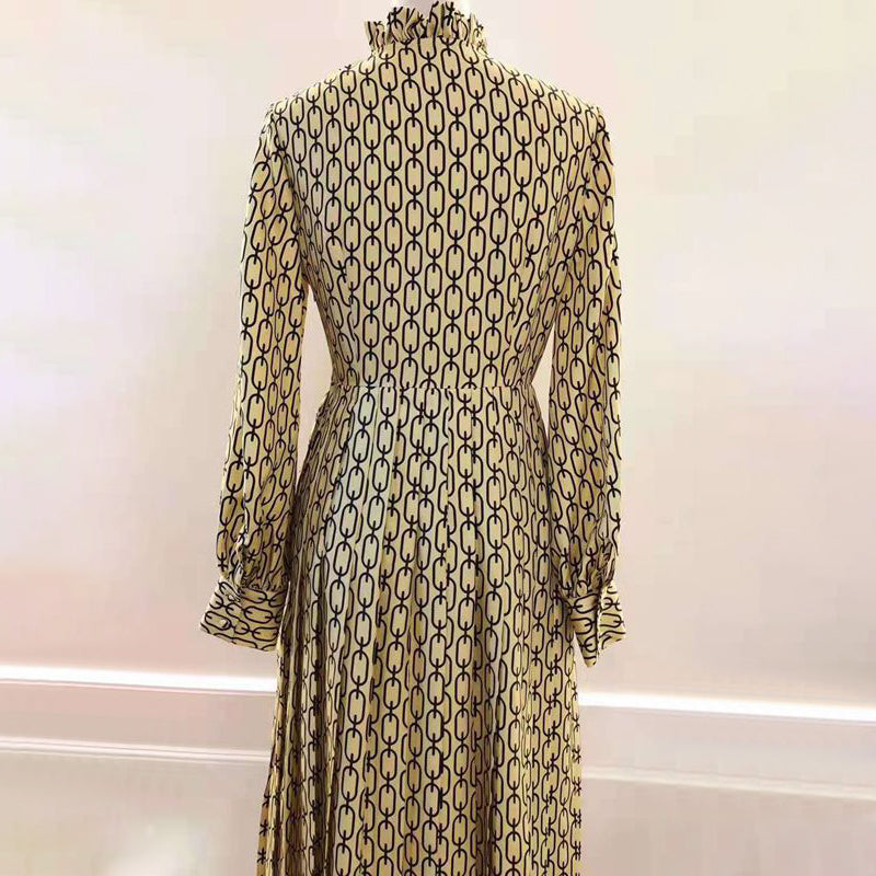 Women's Printed Silk Midi Dress - High-Waist A-Line Long Sleeve Dress