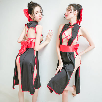 Backless Cheongsam Nightgown - Satin Sleepwear Dress with Round Neck