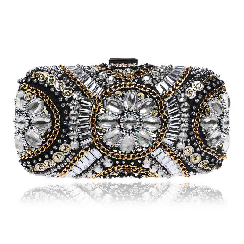 Beaded Embroidery Evening Bag - Rhinestone Clutch Purse with Hard Handle