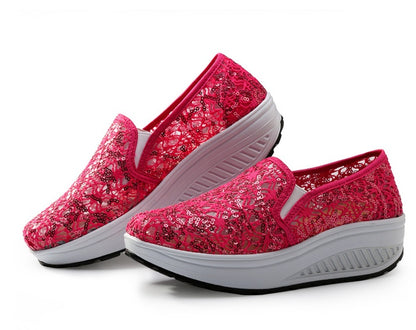 Women's Sequin Mesh Breathable Sneakers | Rocker Sole | Sizes 35–40 | Rose Red, Pink, Black, White