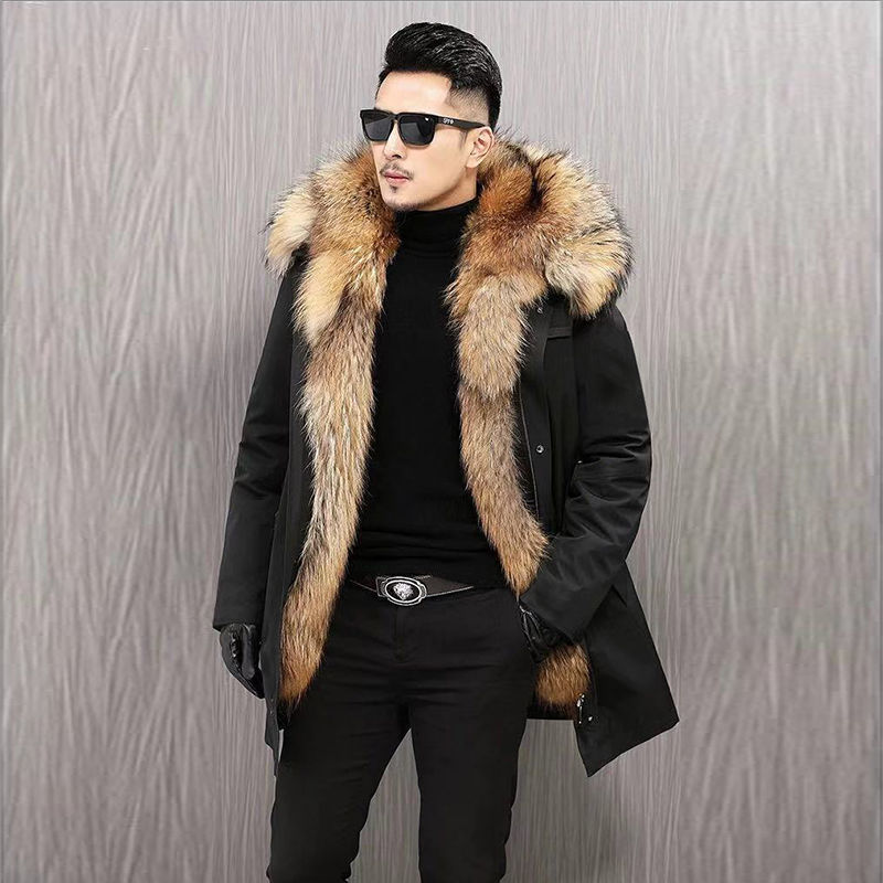 Mid-Length Faux Fur Coat - Hooded PU Leather with Raccoon Fur Liner