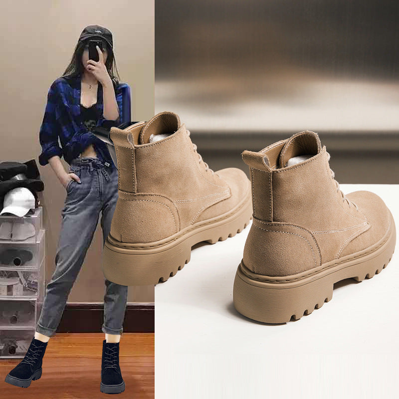 Women's Cowhide Leather Martin Boots - British Style with Lace-Up Front and Square Heel