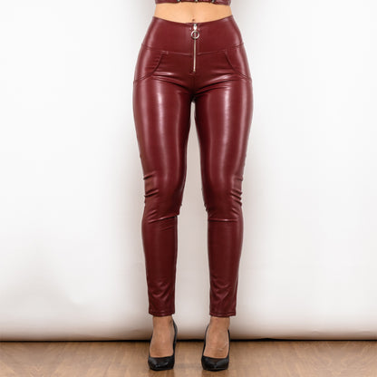 High-Waist Faux Leather Pants - Wine Red Skinny Leggings