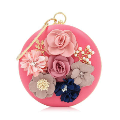 Elegant Round Box Clutch with Floral Detail - PU Leather Evening Bag
