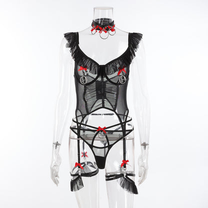 Women's Lace Bow Lingerie Set - Four-Piece Garter Collection with Collar