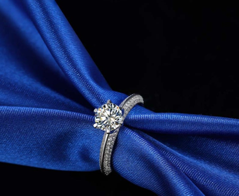 Sterling Silver Ring - Six-Claw Pavé Setting with Gemstone Inlay
