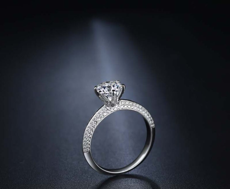 Sterling Silver Ring - Six-Claw Pavé Setting with Gemstone Inlay