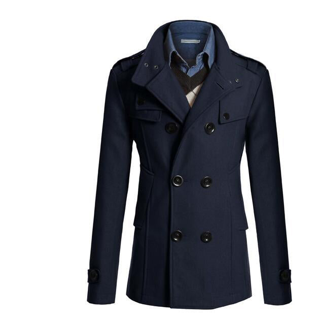Men's Woolen Coat - Medium-Length Stand-Up Collar Double-Breasted Coat