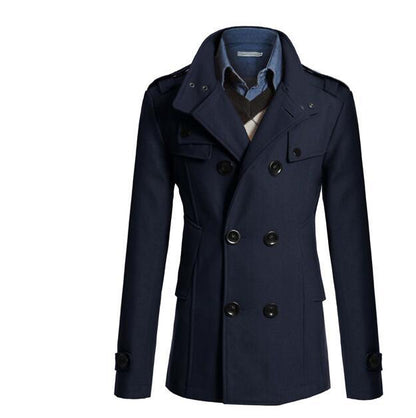 Men's Woolen Coat - Medium-Length Stand-Up Collar Double-Breasted Coat