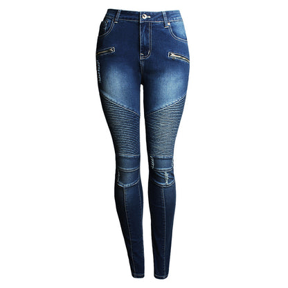 Women's Motorcycle Biker Skinny Jeans - Mid-High Waist Stretch Denim with Zipper Detail