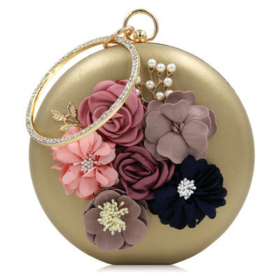 Elegant Round Box Clutch with Floral Detail - PU Leather Evening Bag