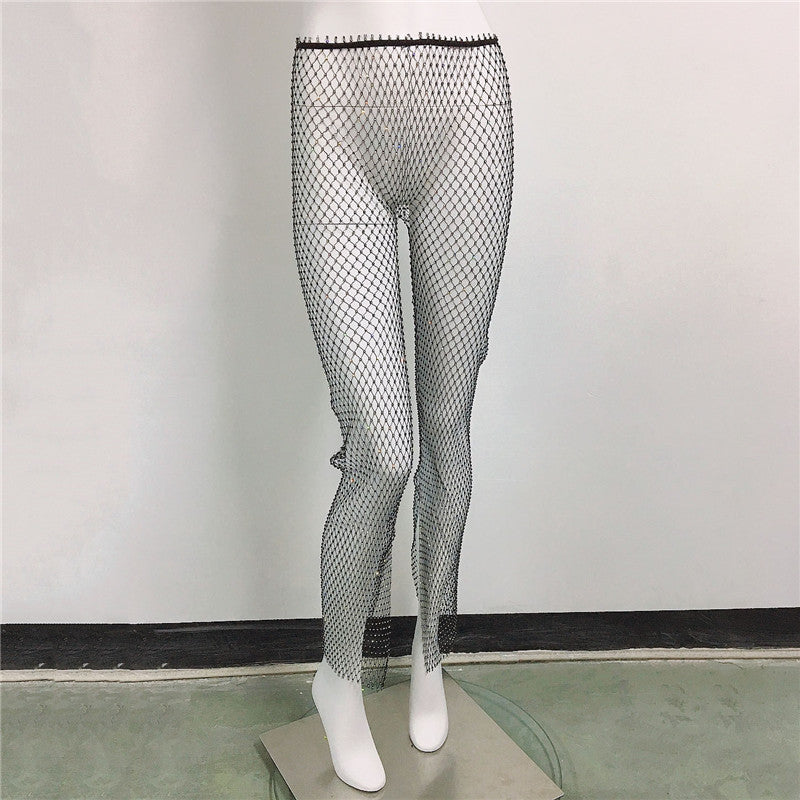 Fishnet Mesh Slit Pants - Rhinestone Stretch Leggings for Women