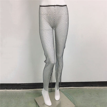 Fishnet Mesh Slit Pants - Rhinestone Stretch Leggings for Women