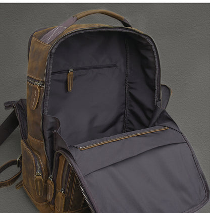 Men's First Layer Cowhide Leather Backpack - European American Retro Style with Laptop Compartment