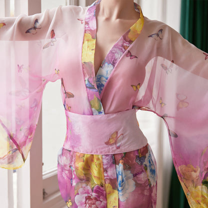 Women's Chiffon Lace Kimono Robe Set
