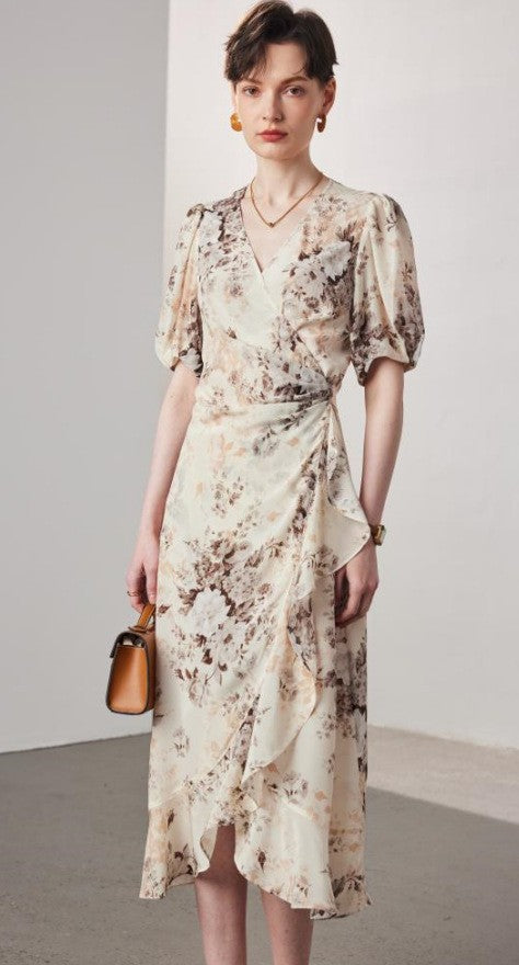 Silk Dress with Lace Print - Short Sleeve A-line