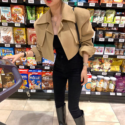 Women's Short Woolen Coat - Lapel Single Breasted Winter Jacket