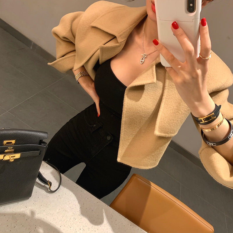 Women's Short Woolen Coat - Lapel Single Breasted Winter Jacket