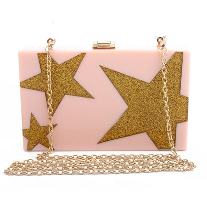 Five-Pointed Star Sequin Evening Clutch Bag - Acrylic Hard Case Handbag