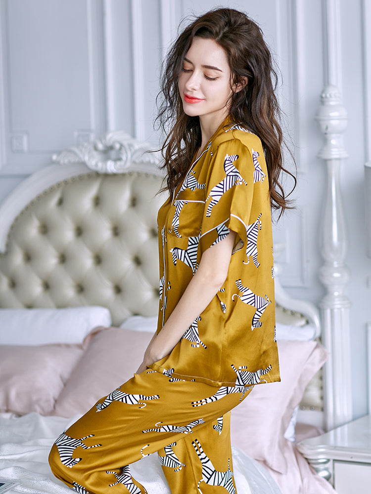 Premium Mulberry Silk Pajama Set - Elegant Printed Loungewear