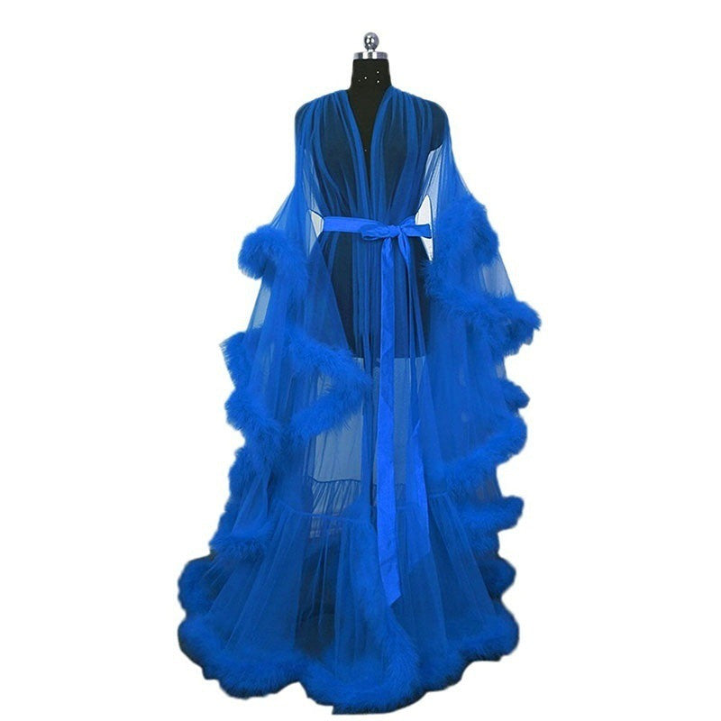 Women's Long Sleeve Robe - Sheer Mesh Nightgown with Fur Trim