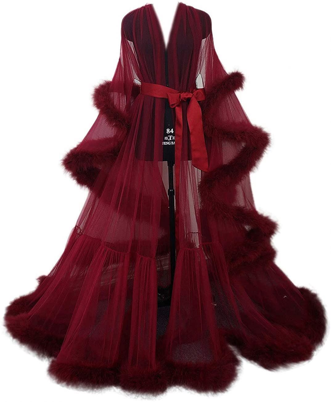 Women's Long Sleeve Robe - Sheer Mesh Nightgown with Fur Trim