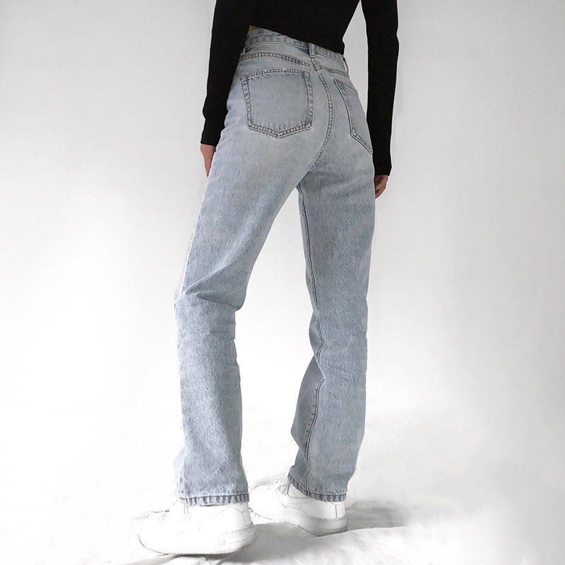 High-Waist Vintage Denim Trousers - Washed Straight-Leg Jeans