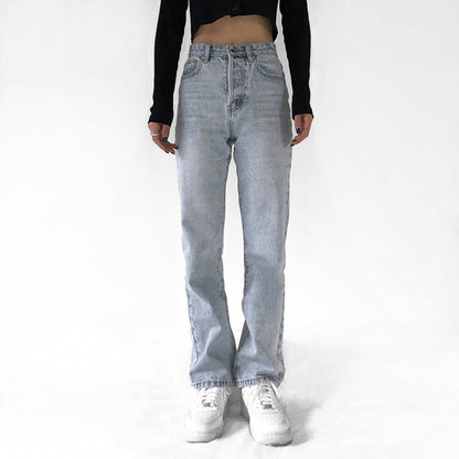 High-Waist Vintage Denim Trousers - Washed Straight-Leg Jeans