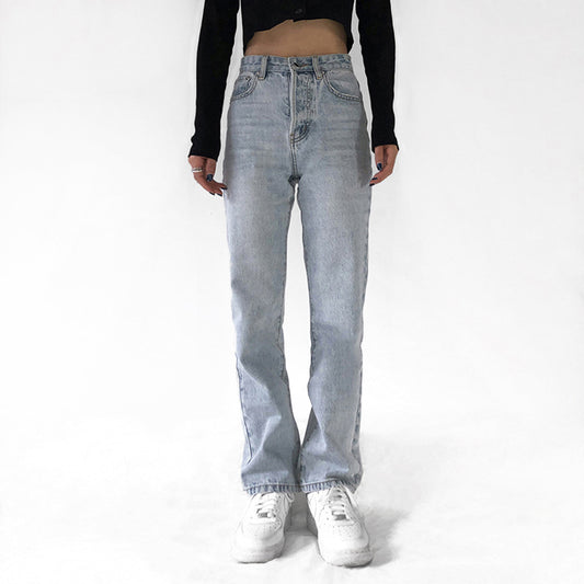 High-Waist Vintage Denim Trousers - Washed Straight-Leg Jeans