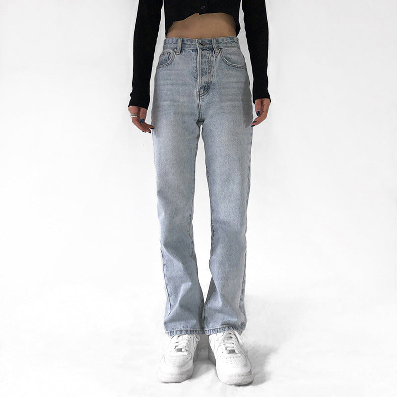 High-Waist Vintage Denim Trousers - Washed Straight-Leg Jeans