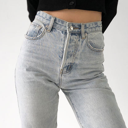 High-Waist Vintage Denim Trousers - Washed Straight-Leg Jeans