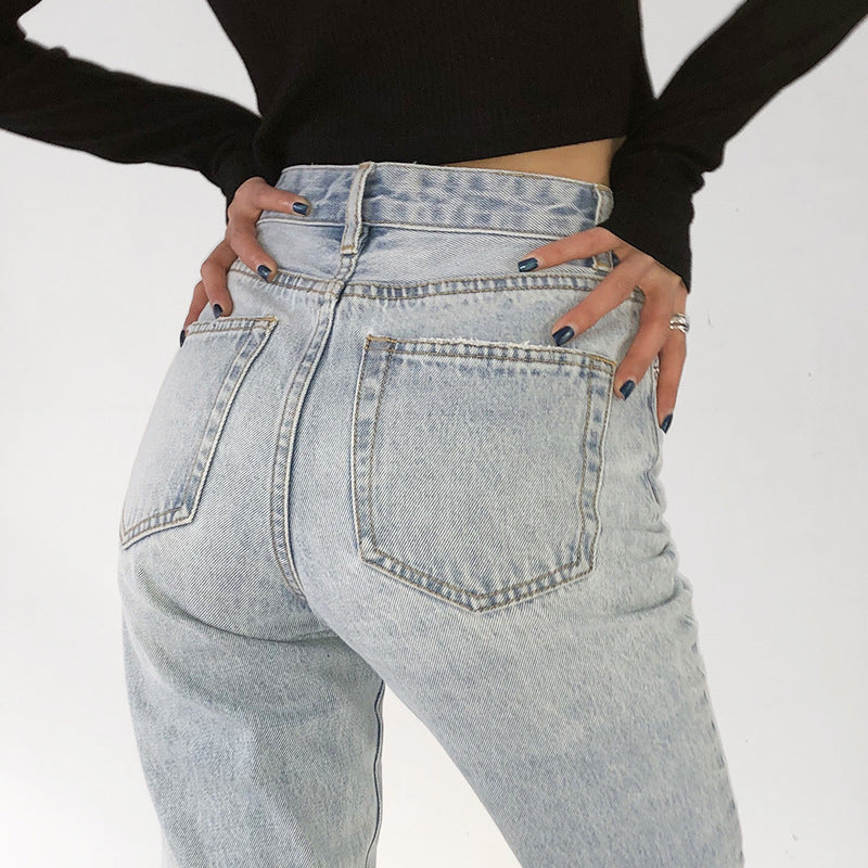 High-Waist Vintage Denim Trousers - Washed Straight-Leg Jeans