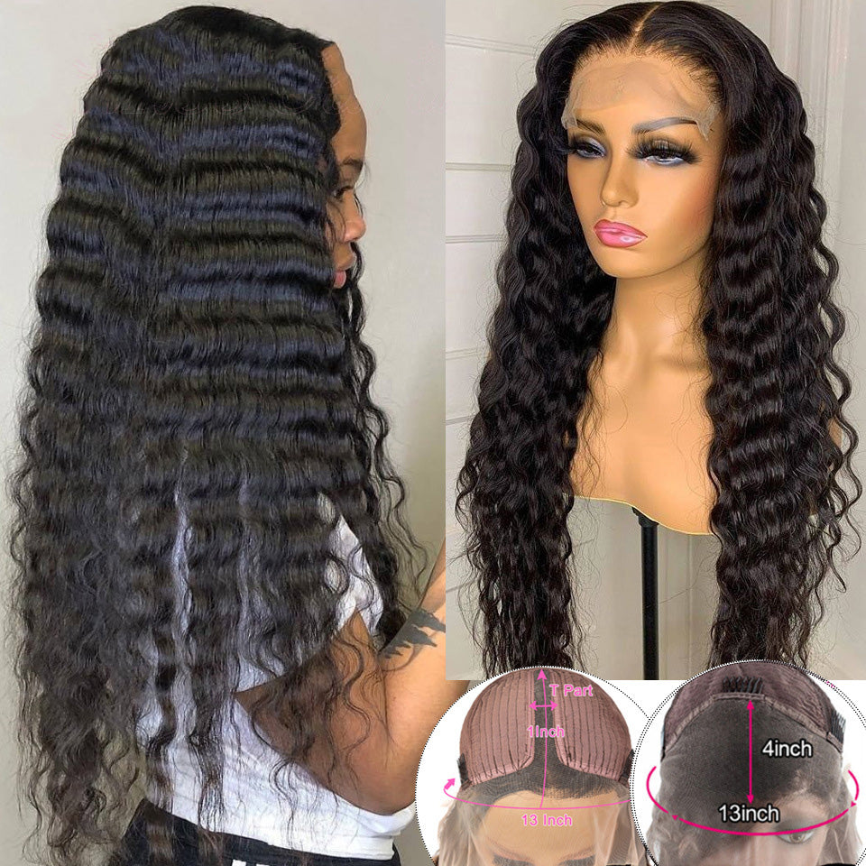 T-Part Lace Human Hair Wig - Half Hand-Woven Real Hair with Long Bangs