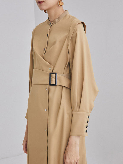 Women's Stand Collar Midi Dress - Long Sleeve Bow Detail Dress