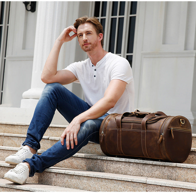 Men's Crazy Horse Leather Travel Bag - Large Capacity European American Retro Gym Bag with Multiple Pockets