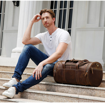 Men's Crazy Horse Leather Travel Bag - Large Capacity European American Retro Gym Bag with Multiple Pockets