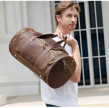 Men's Crazy Horse Leather Travel Bag - Large Capacity European American Retro Gym Bag with Multiple Pockets
