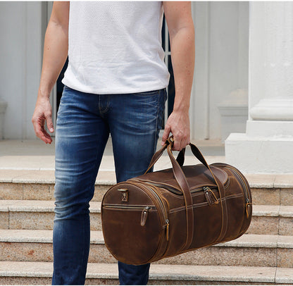 Men's Crazy Horse Leather Travel Bag - Large Capacity European American Retro Gym Bag with Multiple Pockets