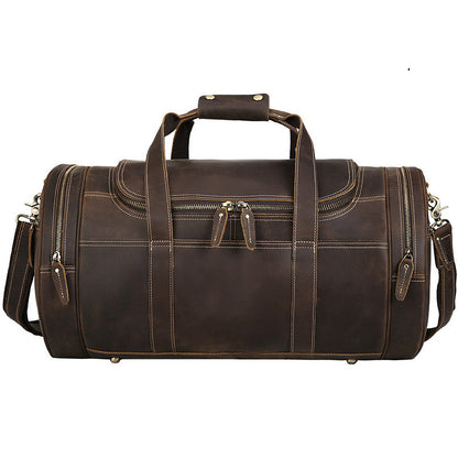 Men's Crazy Horse Leather Travel Bag - Large Capacity European American Retro Gym Bag with Multiple Pockets