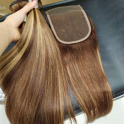 Brazilian Human Hair Bundles with Closure - Highlight Straight Hair Weave