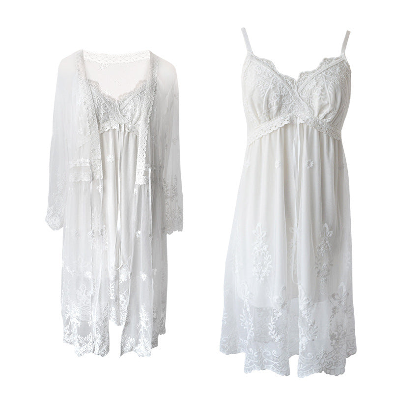 Women's White Lace 2-Piece Nightgown and Robe Set - Elegant Sleepwear