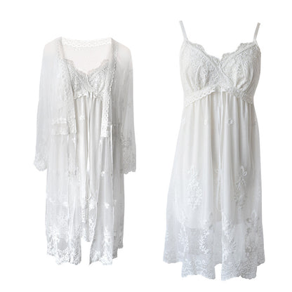 Women's White Lace 2-Piece Nightgown and Robe Set - Elegant Sleepwear
