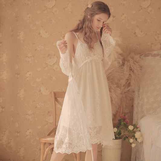 Women's White Lace 2-Piece Nightgown and Robe Set - Elegant Sleepwear