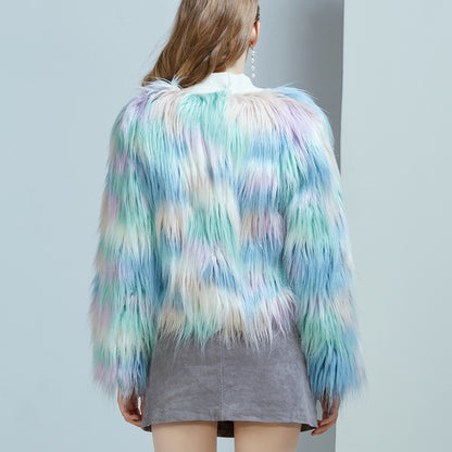 Women's Warm Faux Fur Coat - Winter Gradient Color Cardigan Jacket