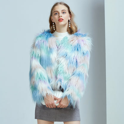 Women's Warm Faux Fur Coat - Winter Gradient Color Cardigan Jacket