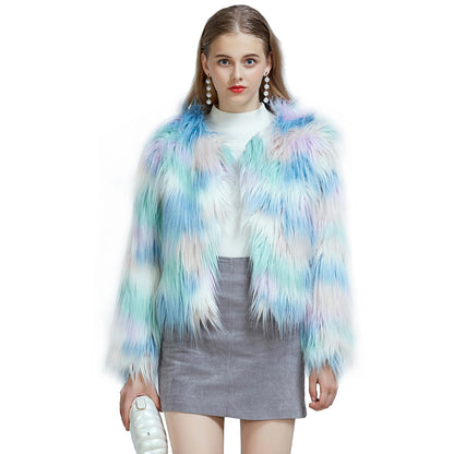 Women's Warm Faux Fur Coat - Winter Gradient Color Cardigan Jacket