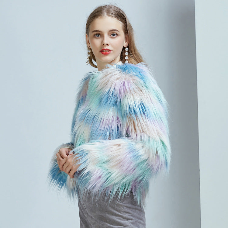 Women's Warm Faux Fur Coat - Winter Gradient Color Cardigan Jacket